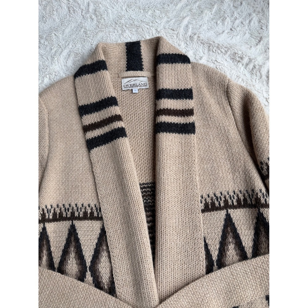 Overland Sylvia Cardigan Sweater Tan Alpaca Belted Tribal Shawl Collar Wool M - Picture 6 of 11